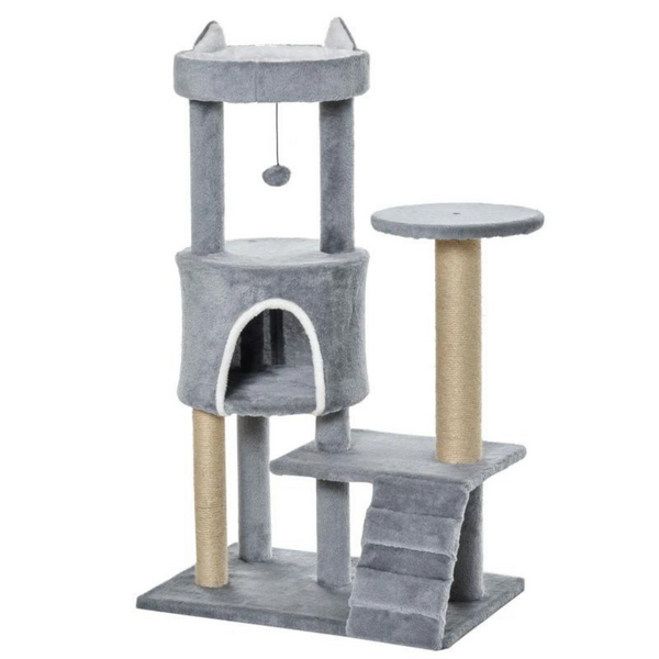 Grijze kattenkrabpaal met huisje en sisalpalen – 100 cm hoog