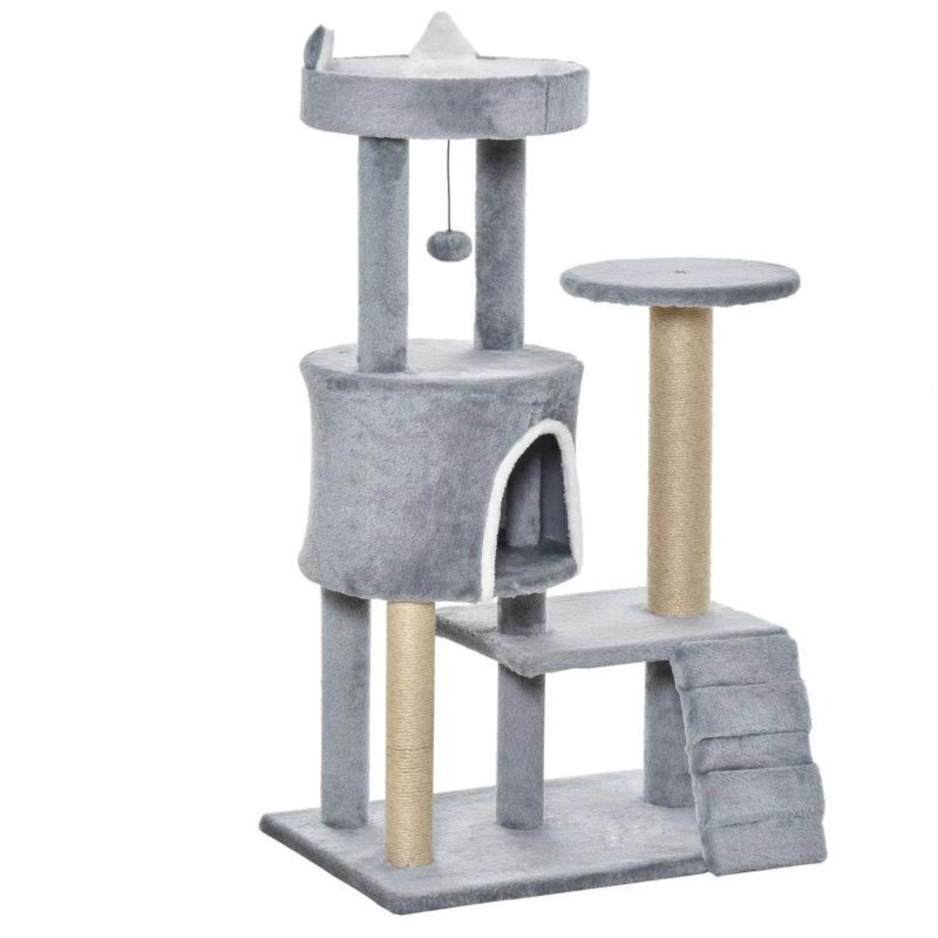 Grijze kattenkrabpaal met huisje en sisalpalen – 100 cm hoog