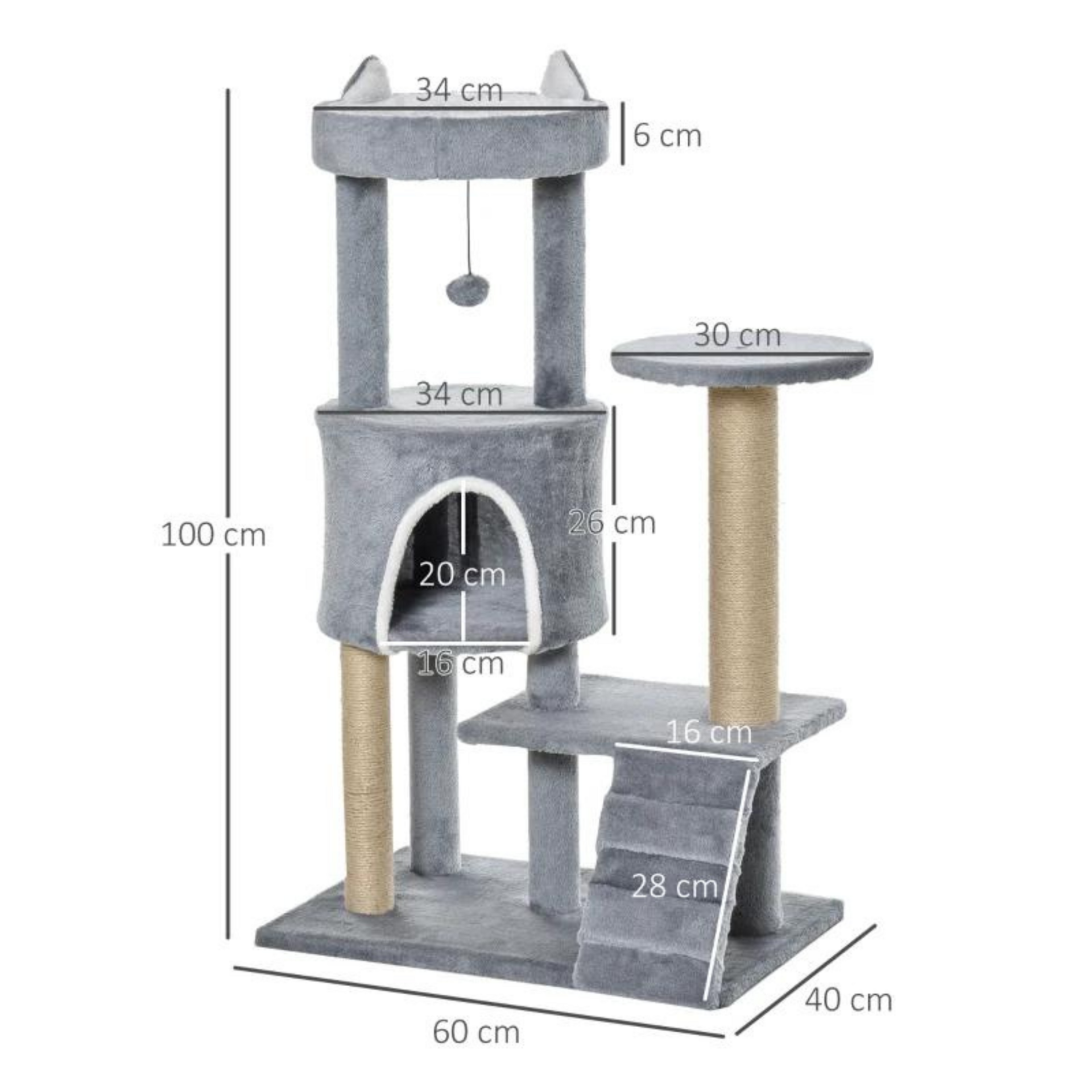 Grijze kattenkrabpaal met huisje en sisalpalen – 100 cm hoog