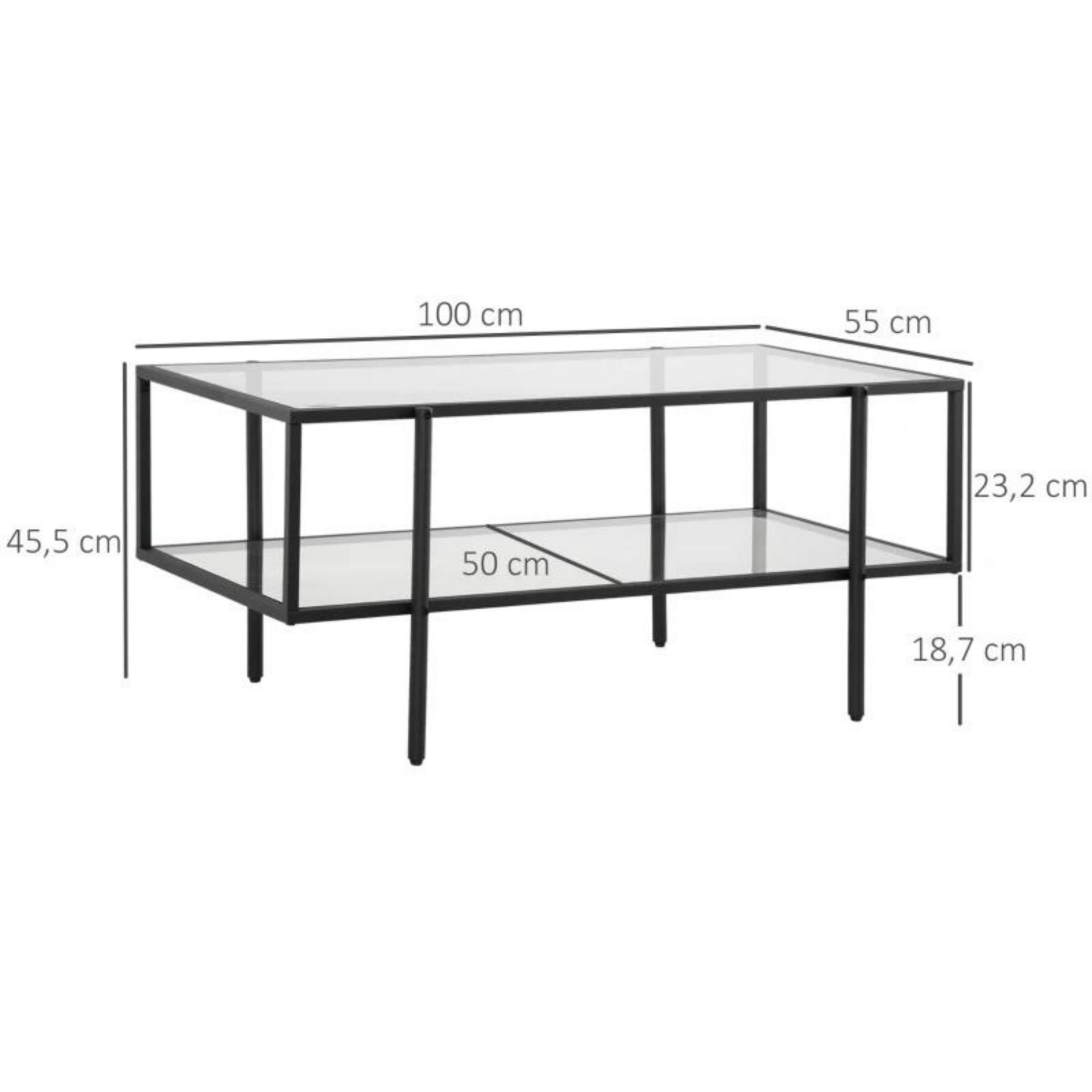 Moderne glazen salontafel met zwart metalen frame – 100x55 cm