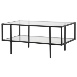 Moderne glazen salontafel met zwart metalen frame – 100x55 cm, strak design met transparant glas en stevige constructie.