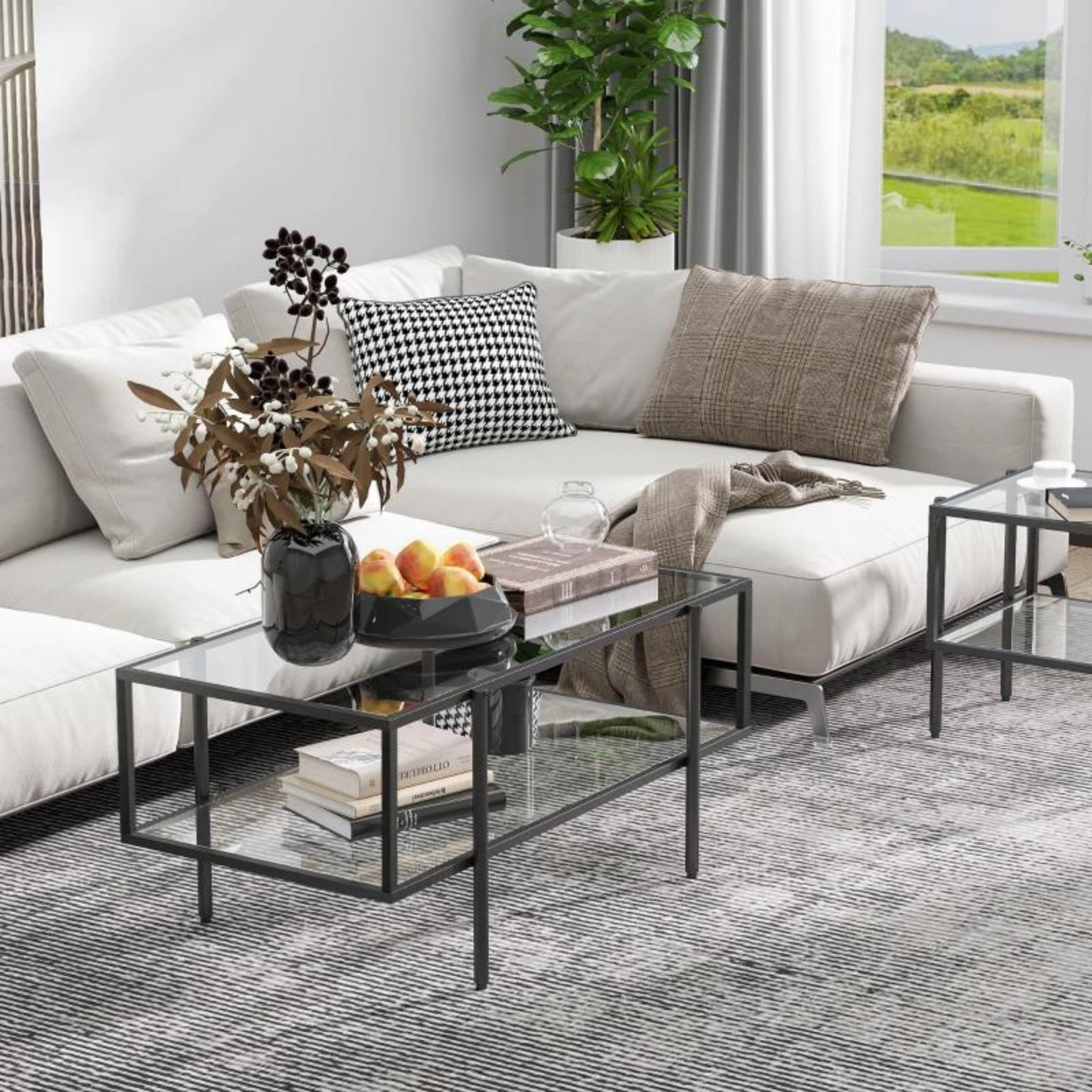 Moderne glazen salontafel met zwart metalen frame – 100x55 cm