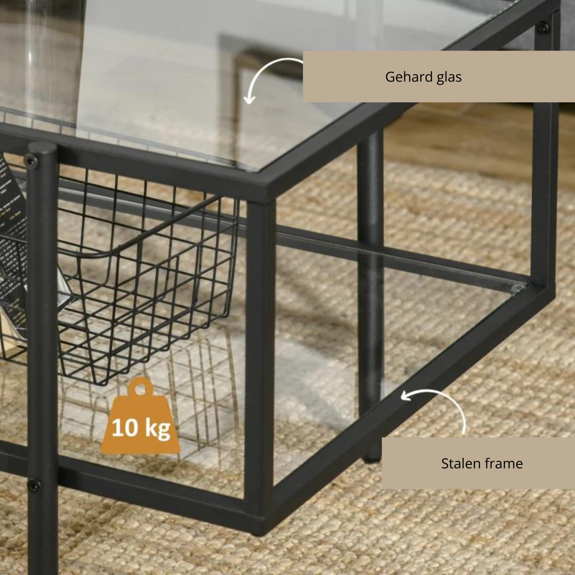 Moderne glazen salontafel met zwart metalen frame – 100x55 cm