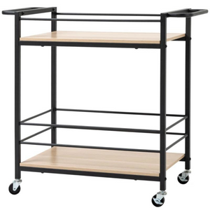 Mobiele serveerwagen met wielen en 3 niveaus voor keuken of eethoek met zwart metalen frame en houten planken