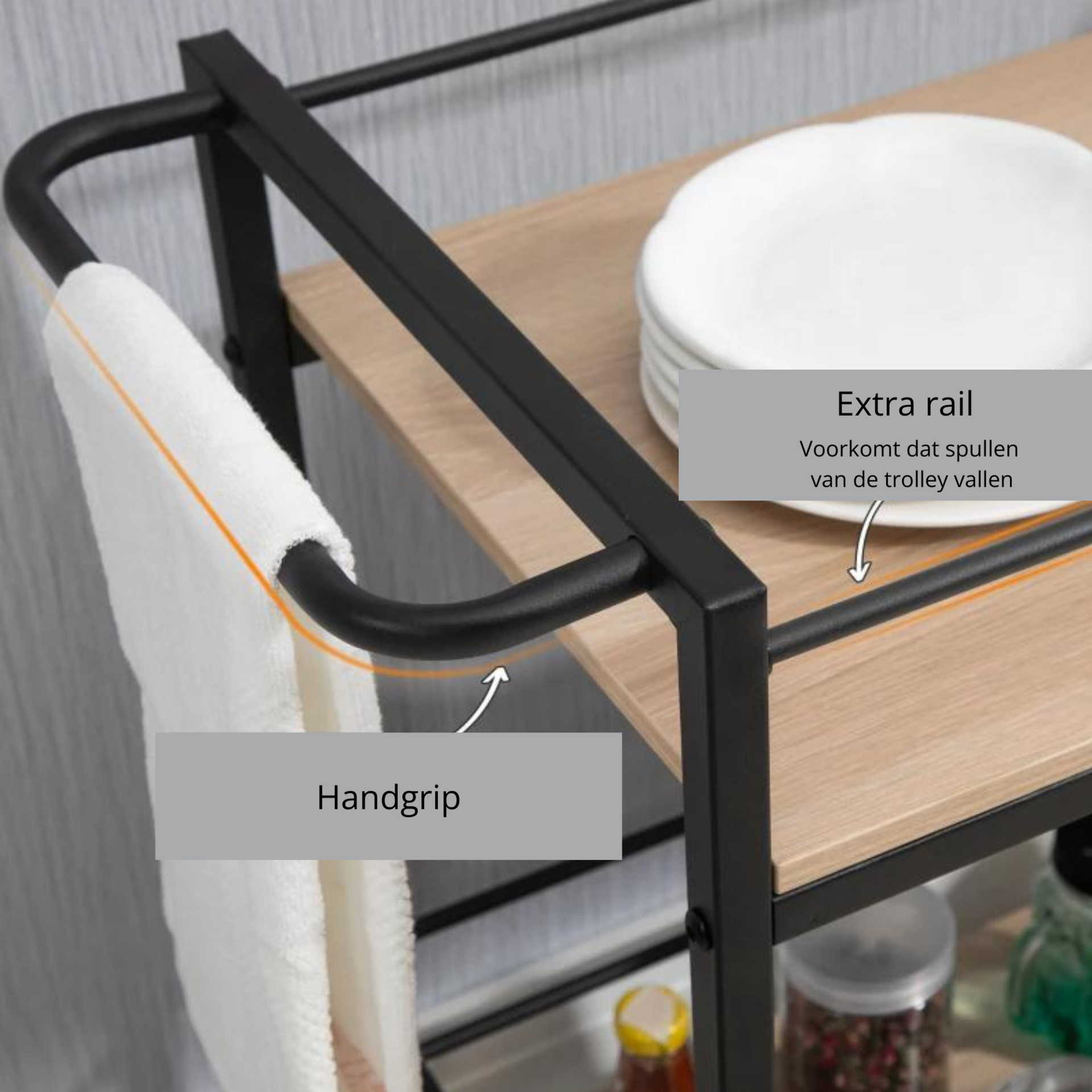 Mobiele serveerwagen met wielen en 3 niveaus voor keuken of eethoek