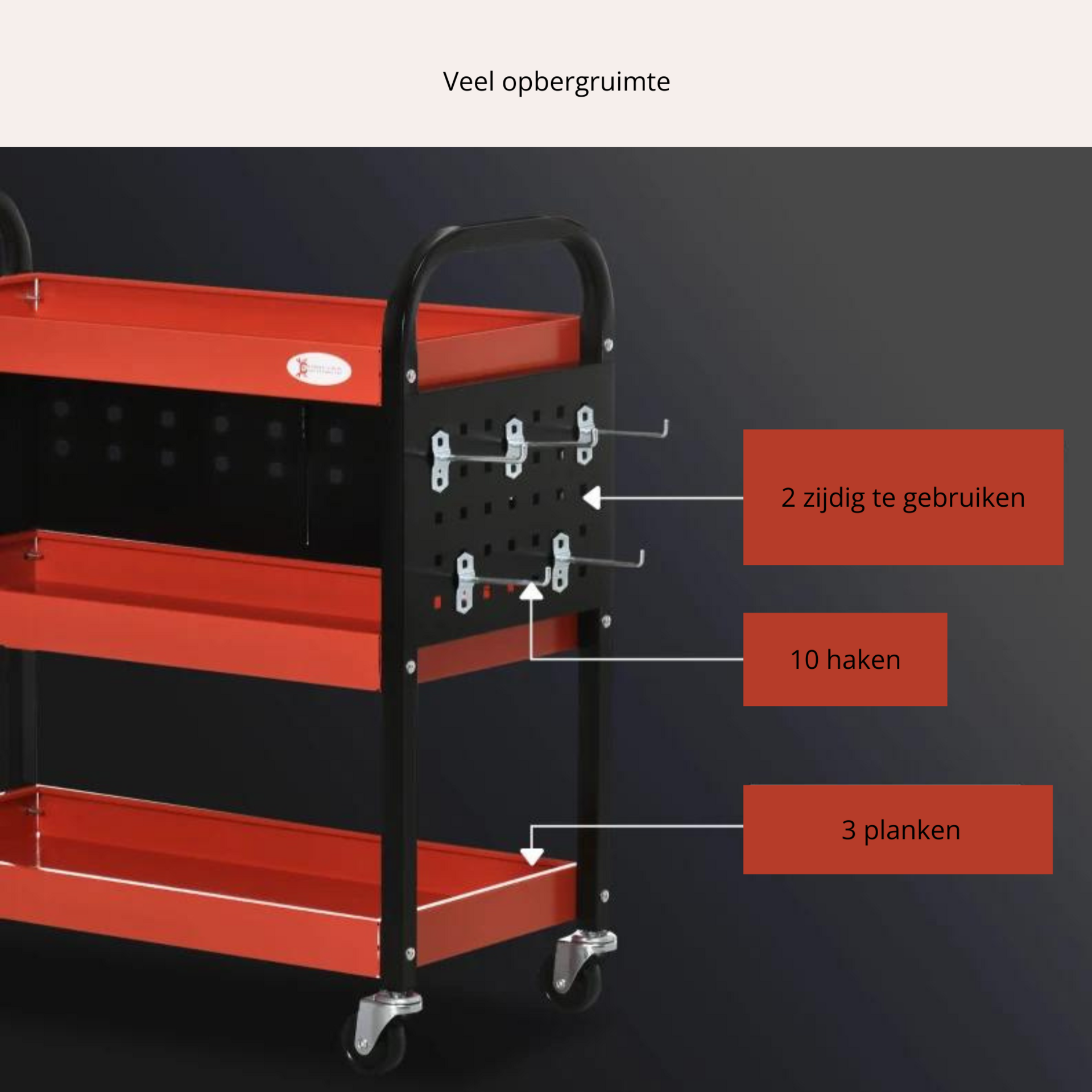 Rode stalen gereedschapswagen 75x35x80 cm met 3 lades en wielen