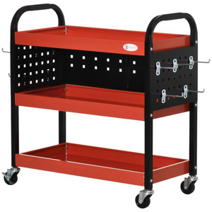 Rode stalen gereedschapswagen 75x35x80 cm met 3 lades, wielen en zwarte frame voor handige opslag gereedschap