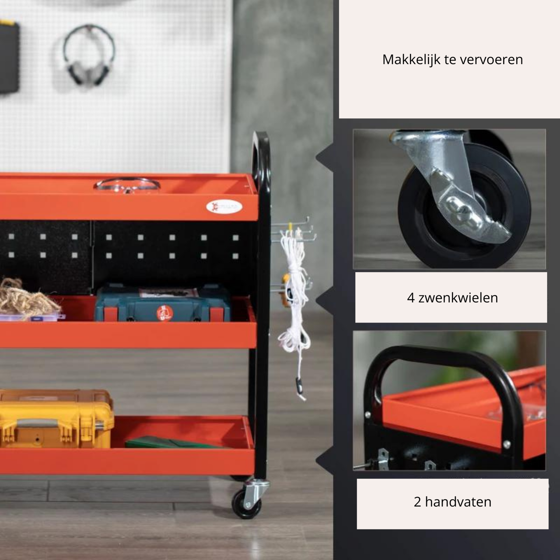 Rode stalen gereedschapswagen 75x35x80 cm met 3 lades en wielen