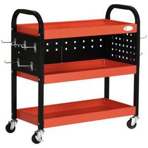 Rode stalen gereedschapswagen 75x35x80 cm met 3 lades en wielen, inklapbare haken en stevig frame voor organisatie
