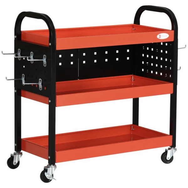 Rode stalen gereedschapswagen 75x35x80 cm met 3 lades en wielen