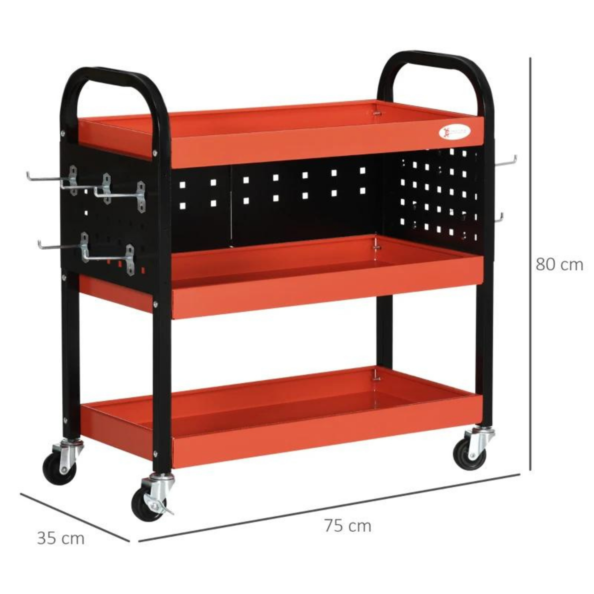 Rode stalen gereedschapswagen 75x35x80 cm met 3 lades en wielen