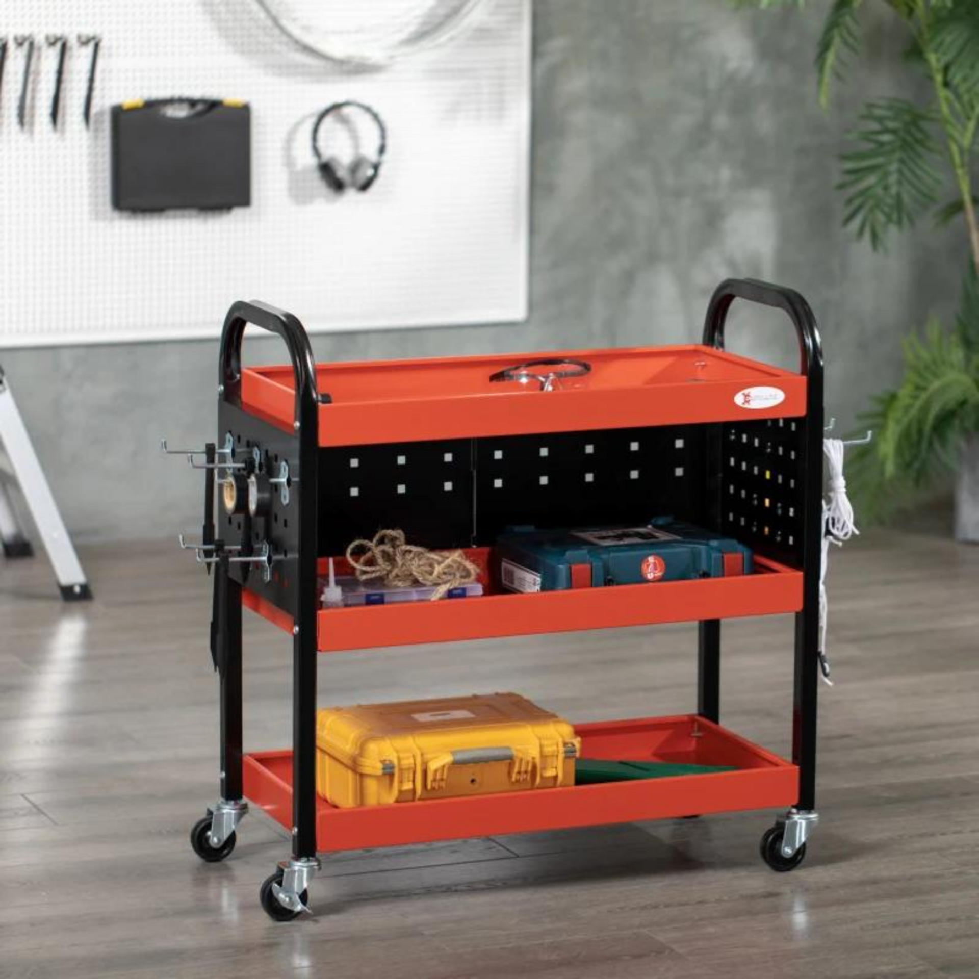 Rode stalen gereedschapswagen 75x35x80 cm met 3 lades en wielen