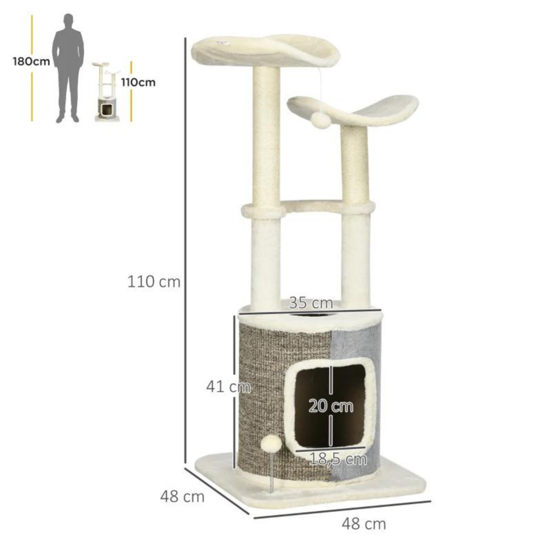 Krabpaal met kattenhuis 110 cm hoog en sisalpalen in crème