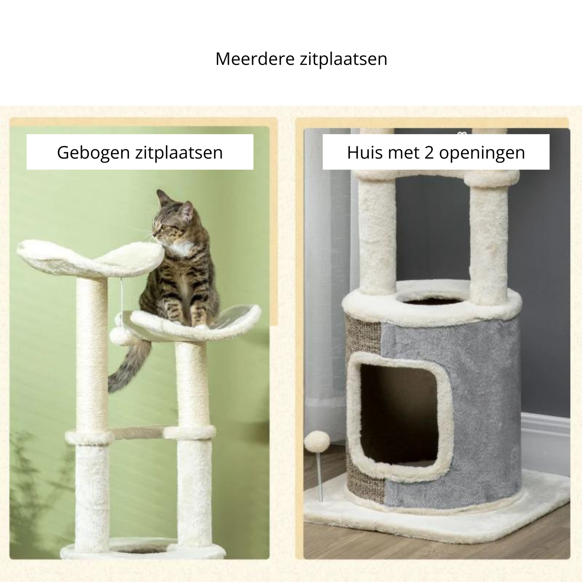 Krabpaal met kattenhuis 110 cm hoog en sisalpalen in crème