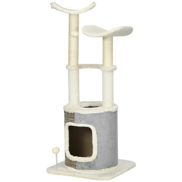Krabpaal met kattenhuis 110 cm hoog en sisalpalen in crème