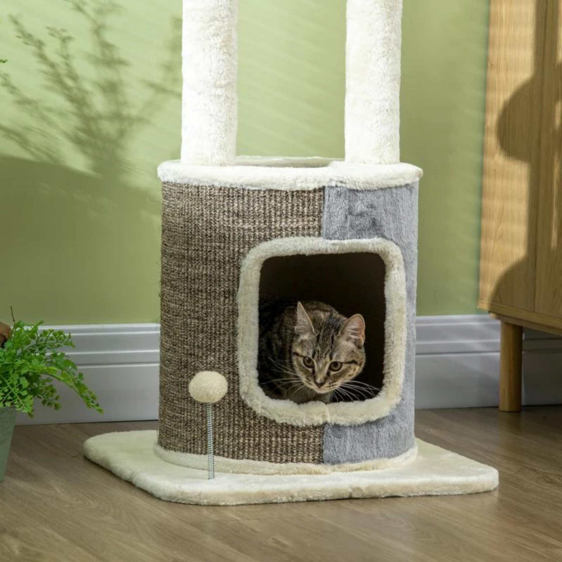 Krabpaal met kattenhuis 110 cm hoog en sisalpalen in crème