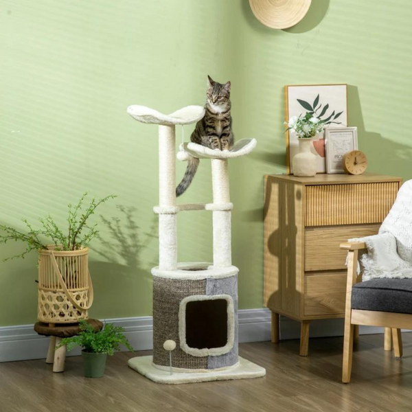 Krabpaal met kattenhuis 110 cm hoog en sisalpalen in crème