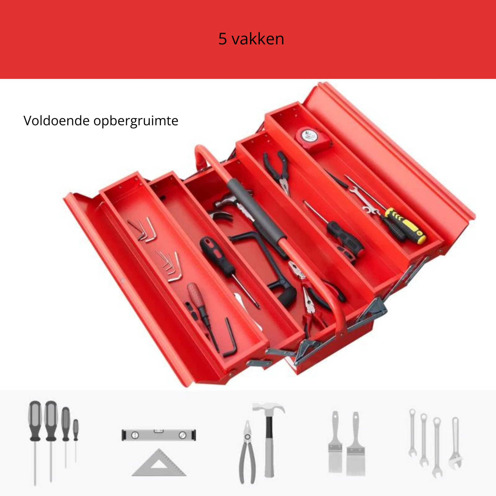 Rode stalen gereedschapskist 56x20x41 cm met 5 uitklapbare vakken