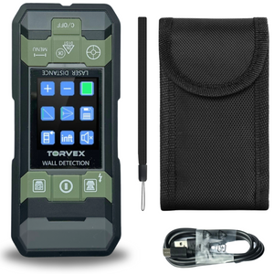 Torvex oplaadbare lasermeter 40m met geintegreerde leidingzoeker met hoes, USB-kabel en draagriem voor nauwkeurige metingen