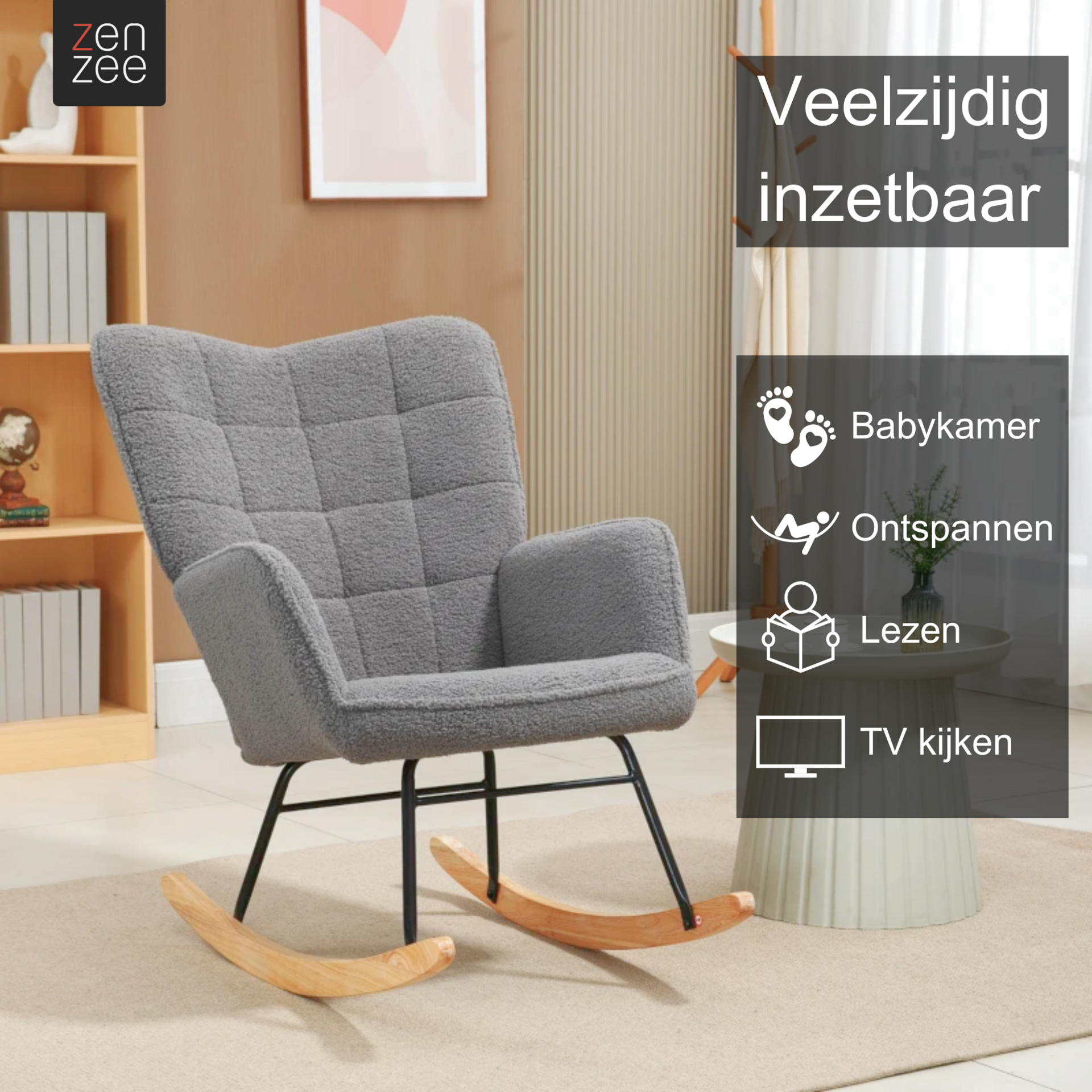 Comfortabele grijze schommelstoel voor voeding, lezen en ontspannen | Zenzee