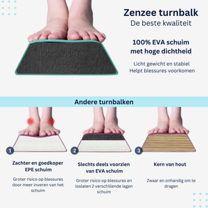 Infographic vergelijking met voordelen van Turnbalk blauw 270 cm met draagtas voor turntraining | Zenzee, 100% EVA schuim, licht en stabiel