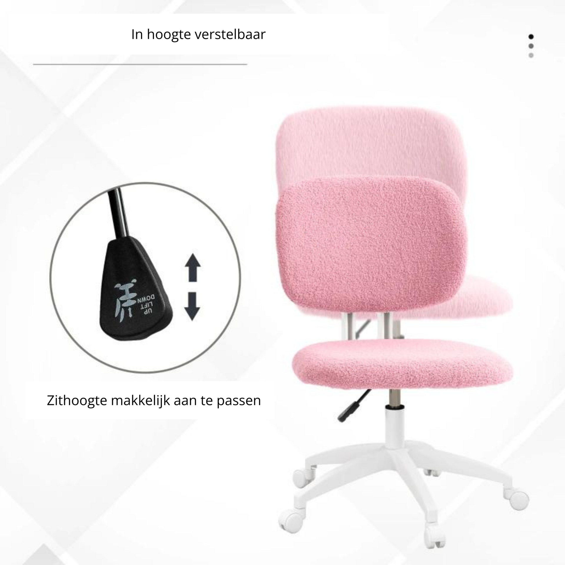 Ergonomische bureaustoel roze-wit met pluche bekleding