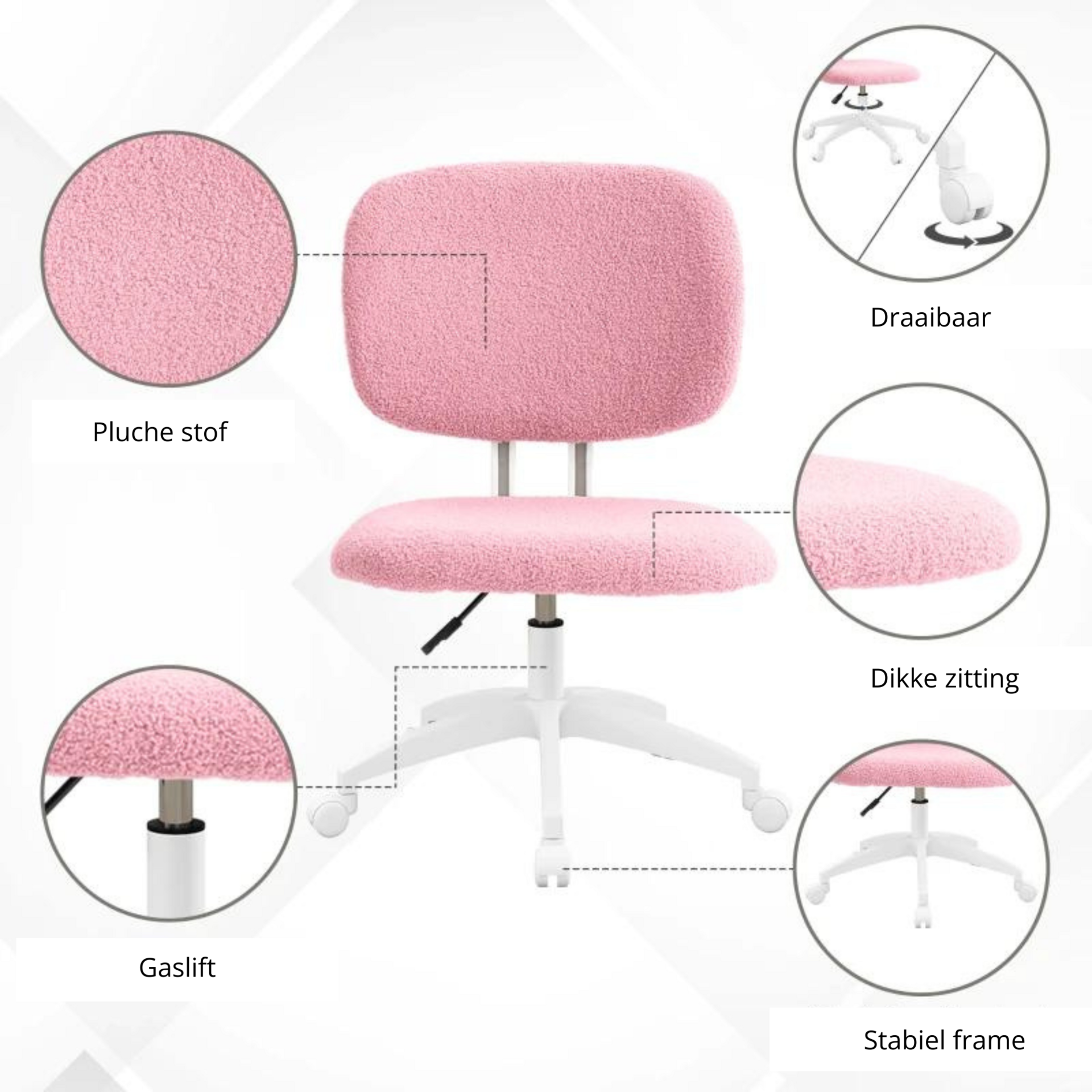 Ergonomische bureaustoel roze-wit met pluche bekleding