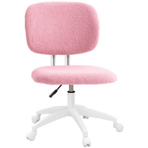 Ergonomische bureaustoel roze-wit met pluche bekleding, verstelbaar en wieltjes voor comfortabel zitten aan bureau.