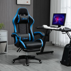 Gamestoel blauw-zwart met ligfunctie en verstelbare voetensteun met ergonomisch design voor comfortabel gamen en werken
