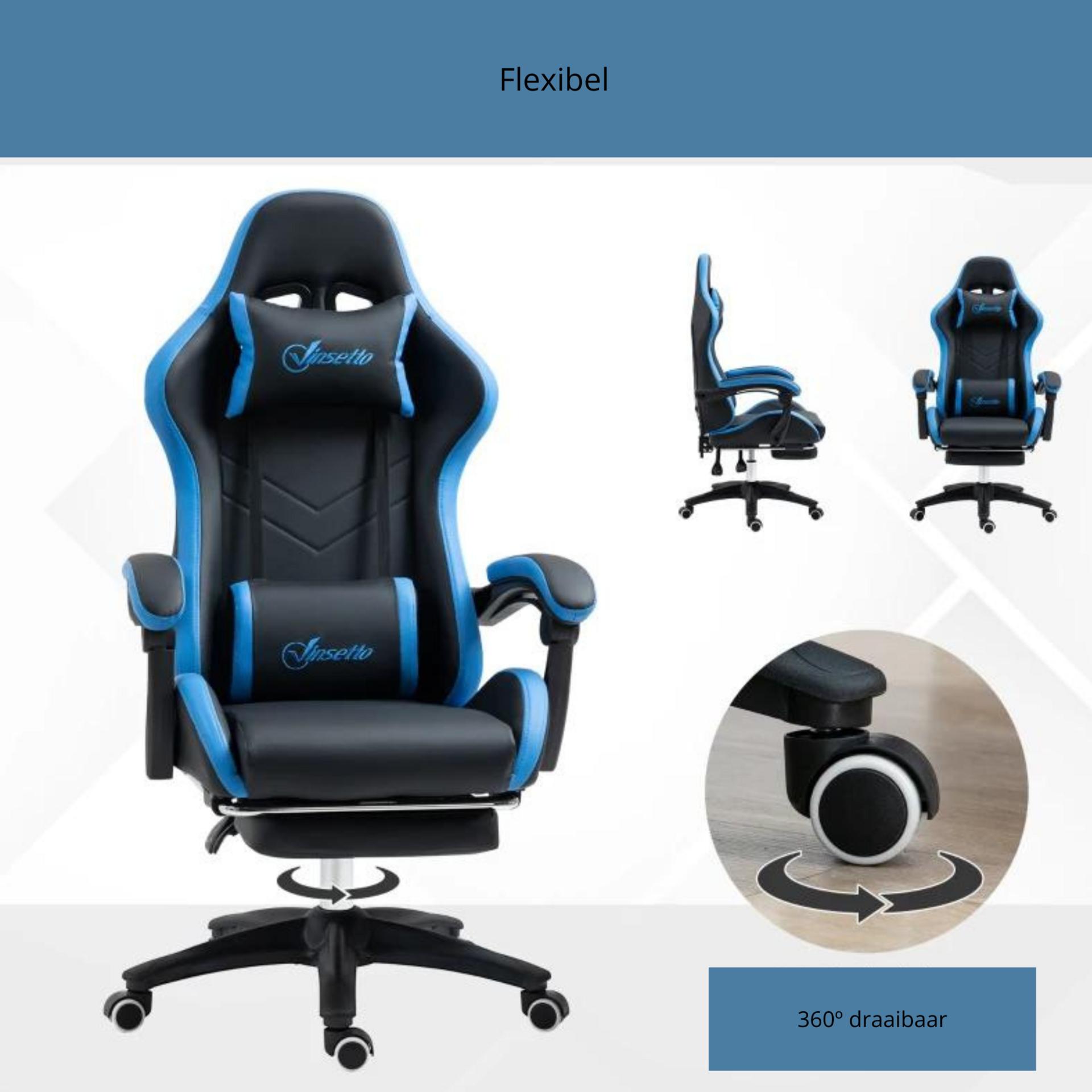 Gamestoel blauw-zwart met ligfunctie en verstelbare voetensteun