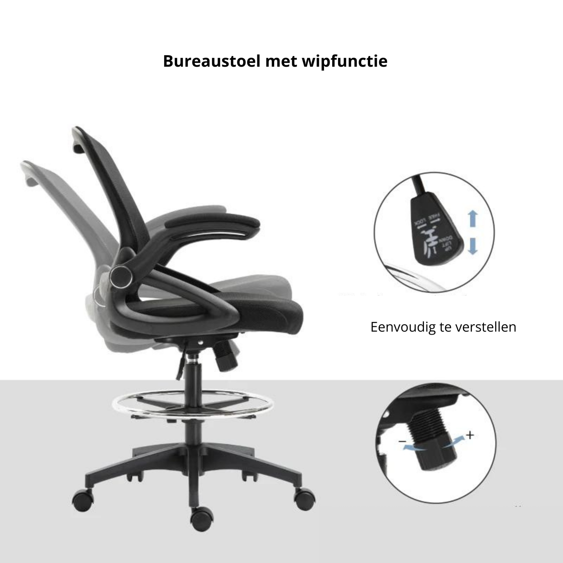 Comfortabele ergonomische bureaustoel met sta-op functie in zwart