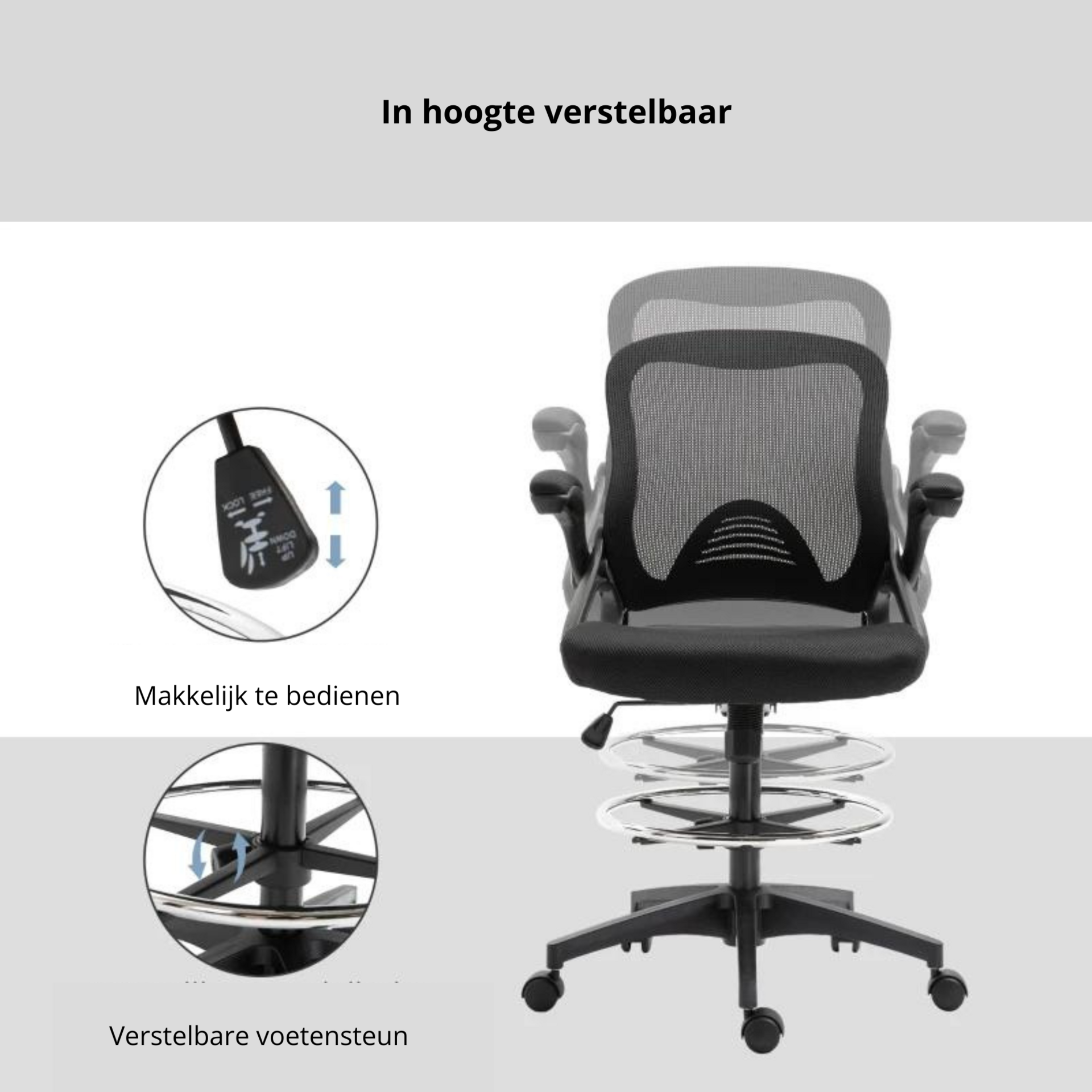 Comfortabele ergonomische bureaustoel met sta-op functie in zwart