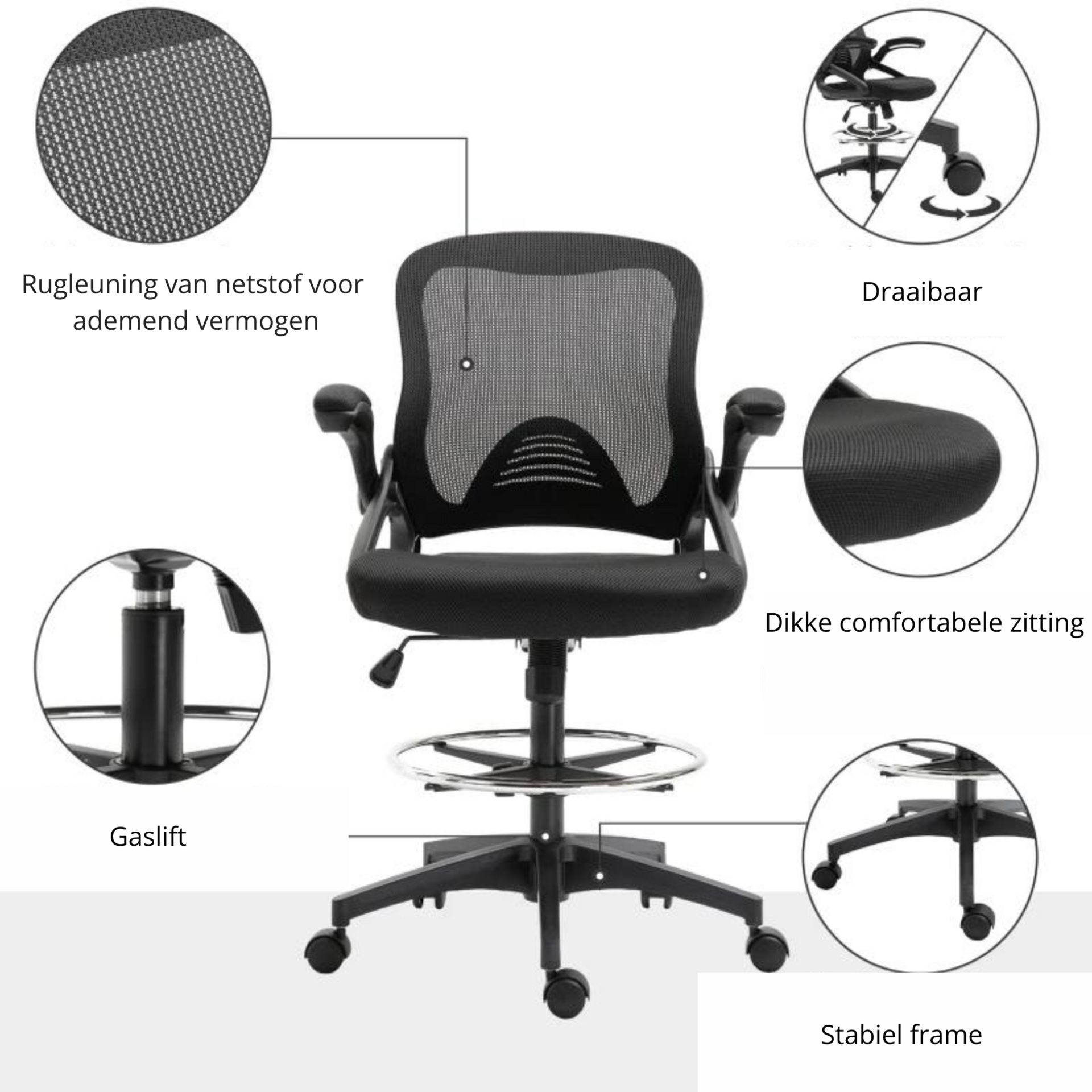 Comfortabele ergonomische bureaustoel met sta-op functie in zwart