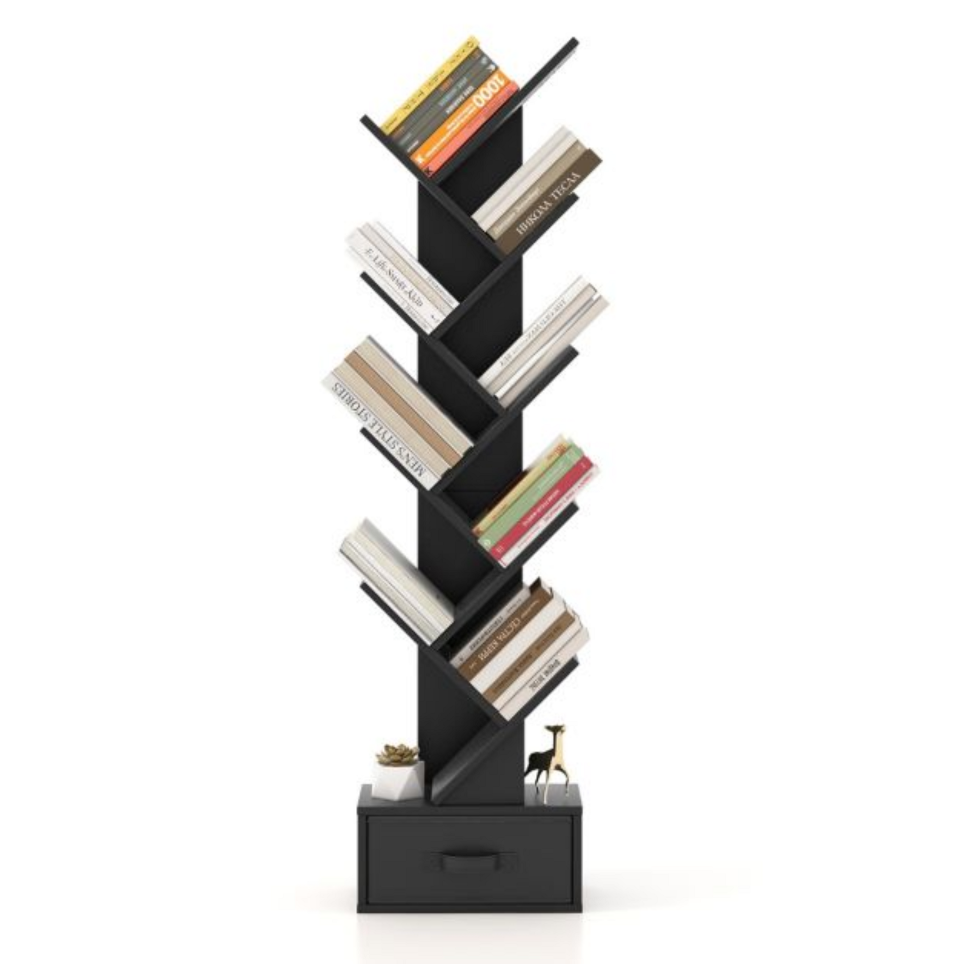 Boekenkast met 8 schappen in zwart, 38x22x150cm | Zenzee