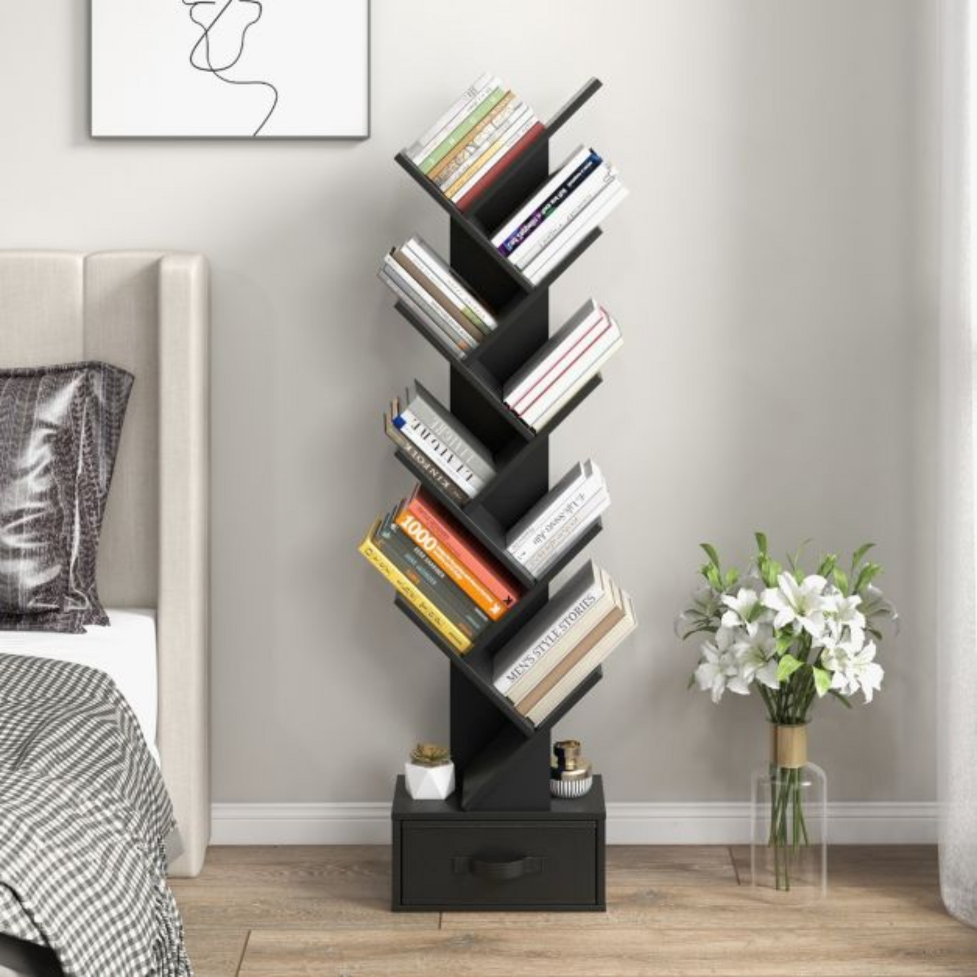 Boekenkast met 8 schappen in zwart, 38x22x150cm | Zenzee