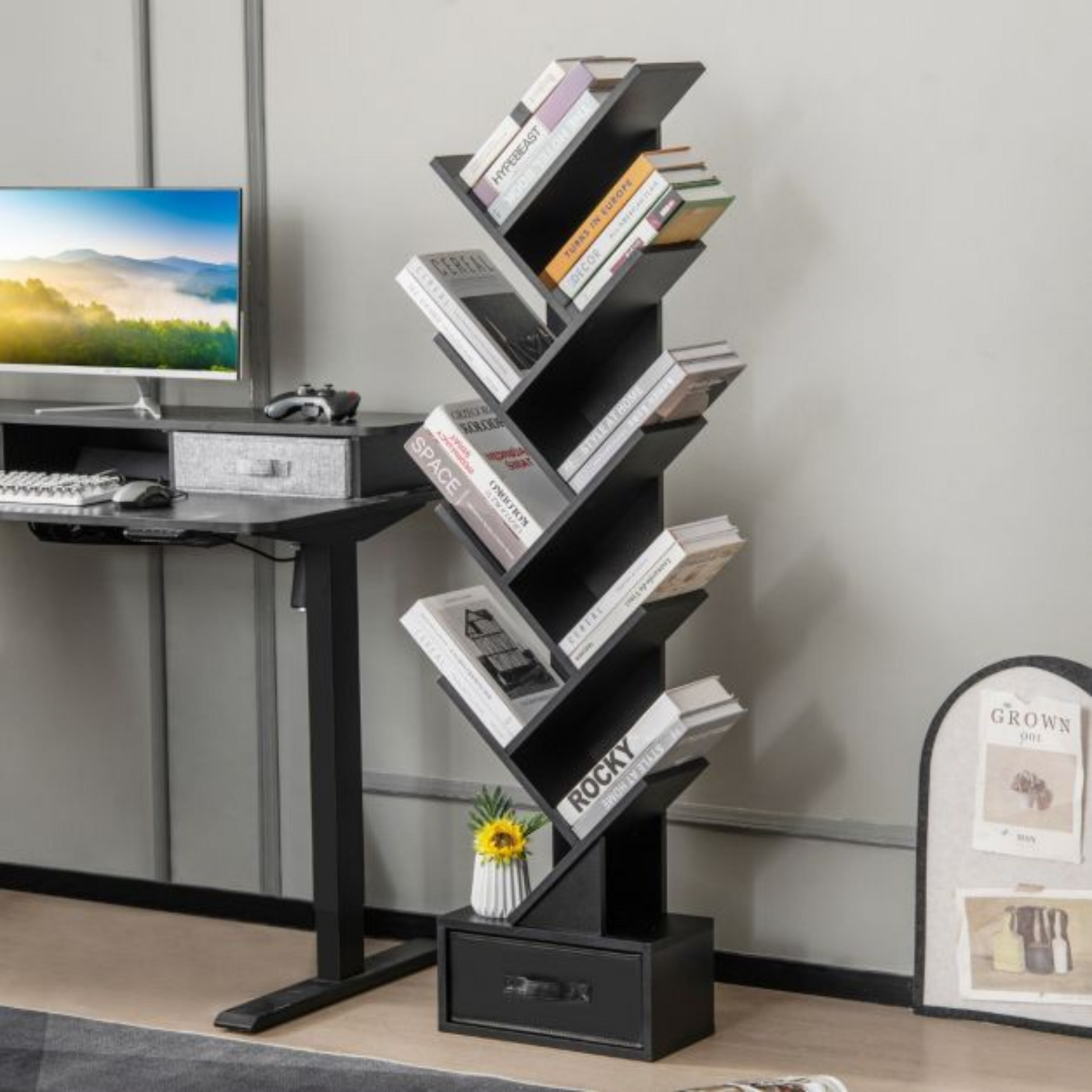 Boekenkast met 8 schappen in zwart, 38x22x150cm | Zenzee