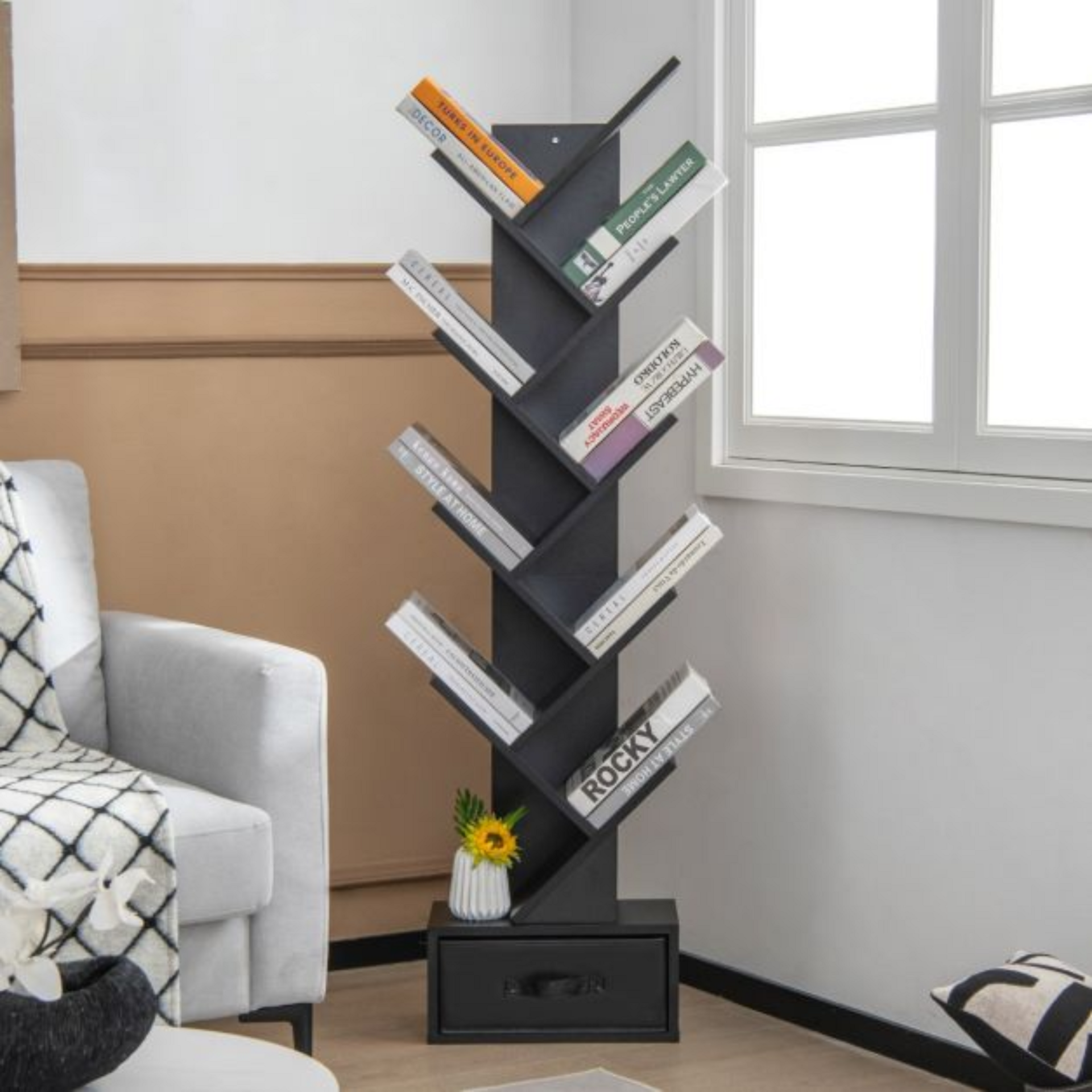 Boekenkast met 8 schappen in zwart, 38x22x150cm | Zenzee