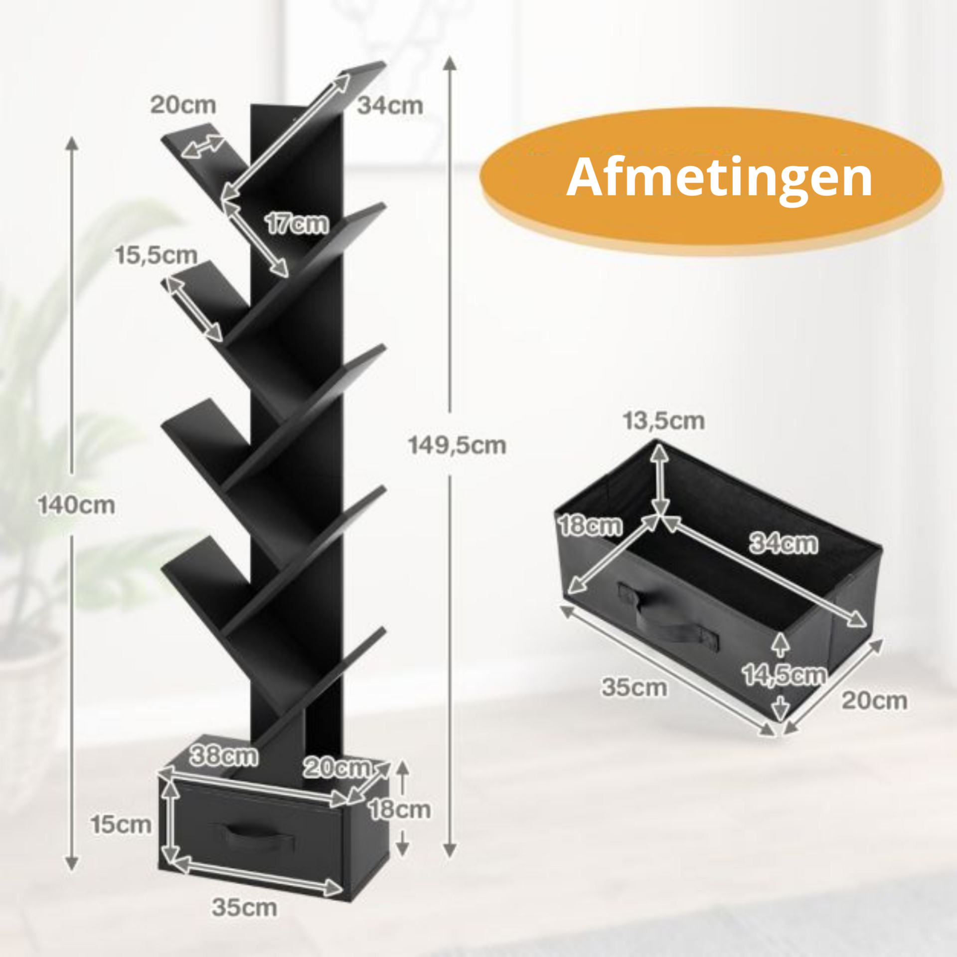 Boekenkast met 8 schappen in zwart, 38x22x150cm | Zenzee