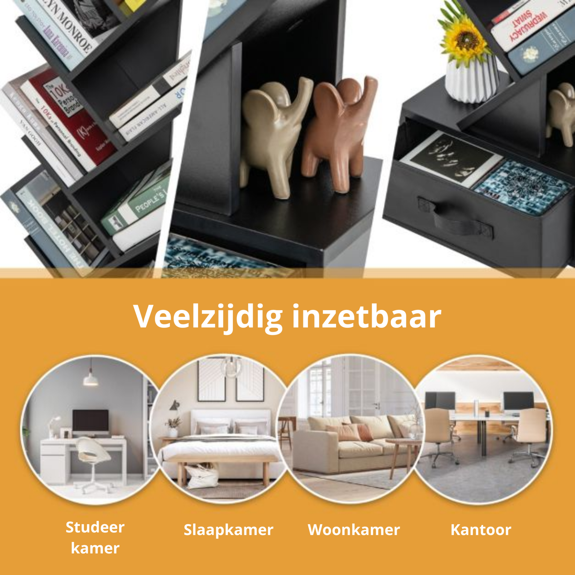 Boekenkast met 8 schappen in zwart, 38x22x150cm | Zenzee