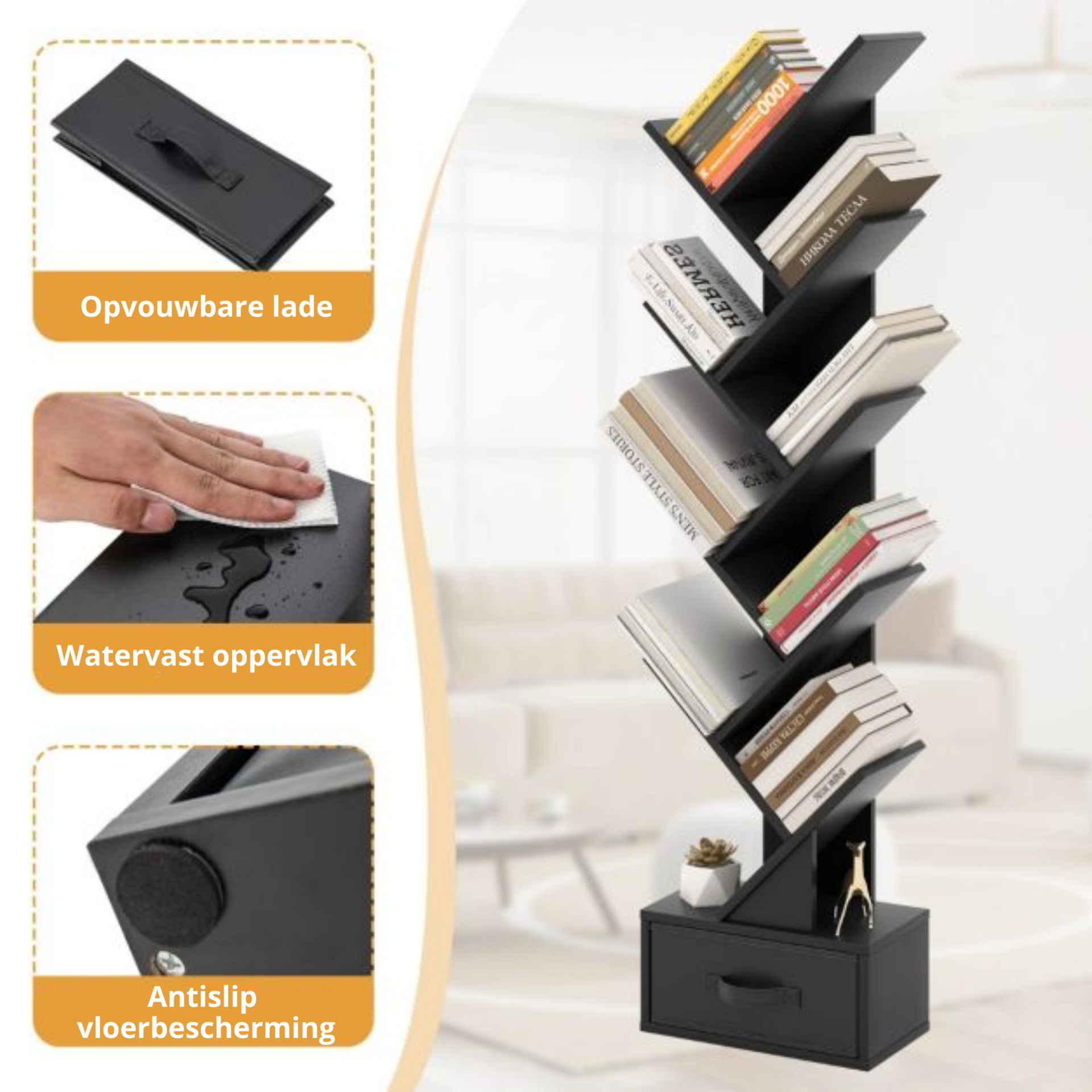 Boekenkast met 8 schappen in zwart, 38x22x150cm | Zenzee