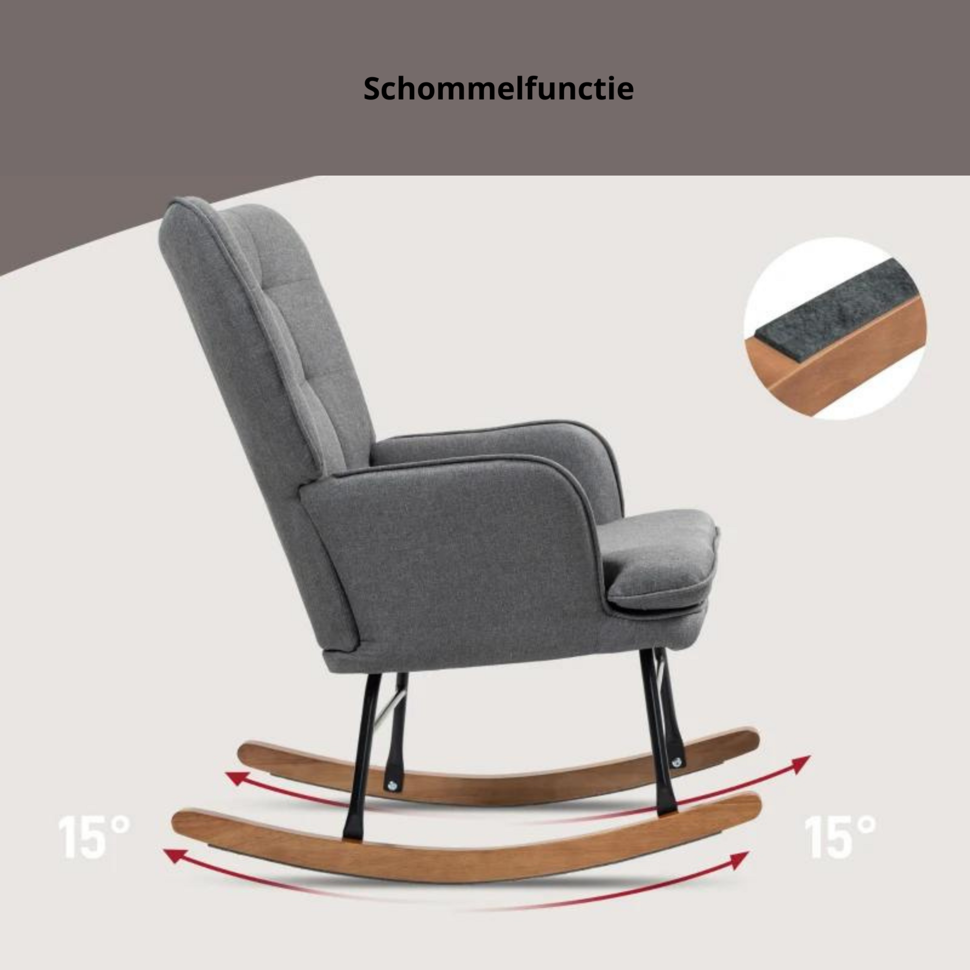 Schommelstoel met voetenbank in donkergrijze linnenlook stof