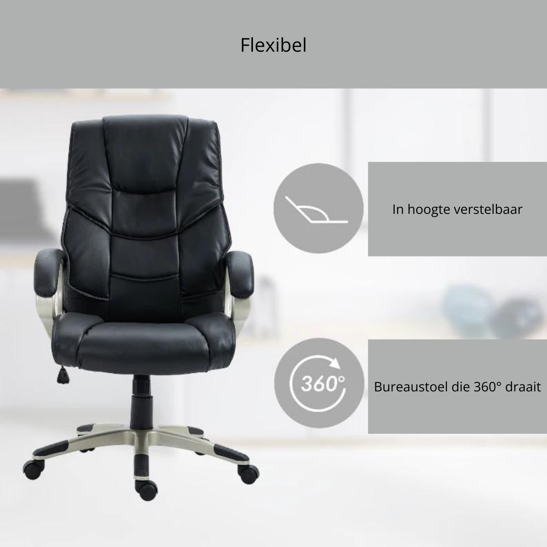 Ergonomische directiestoel in zwart kunstleer met verstelbare zithoogte en wipfunctie