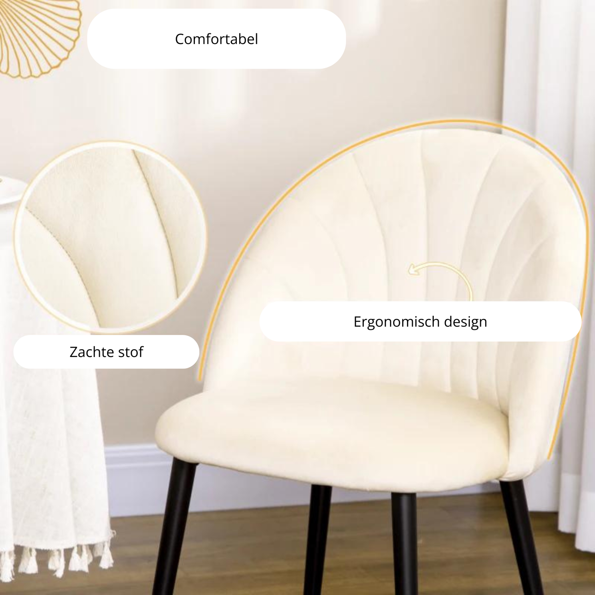 Set van 2 eetkamerstoelen – fluweelachtig crème met zwarte poten