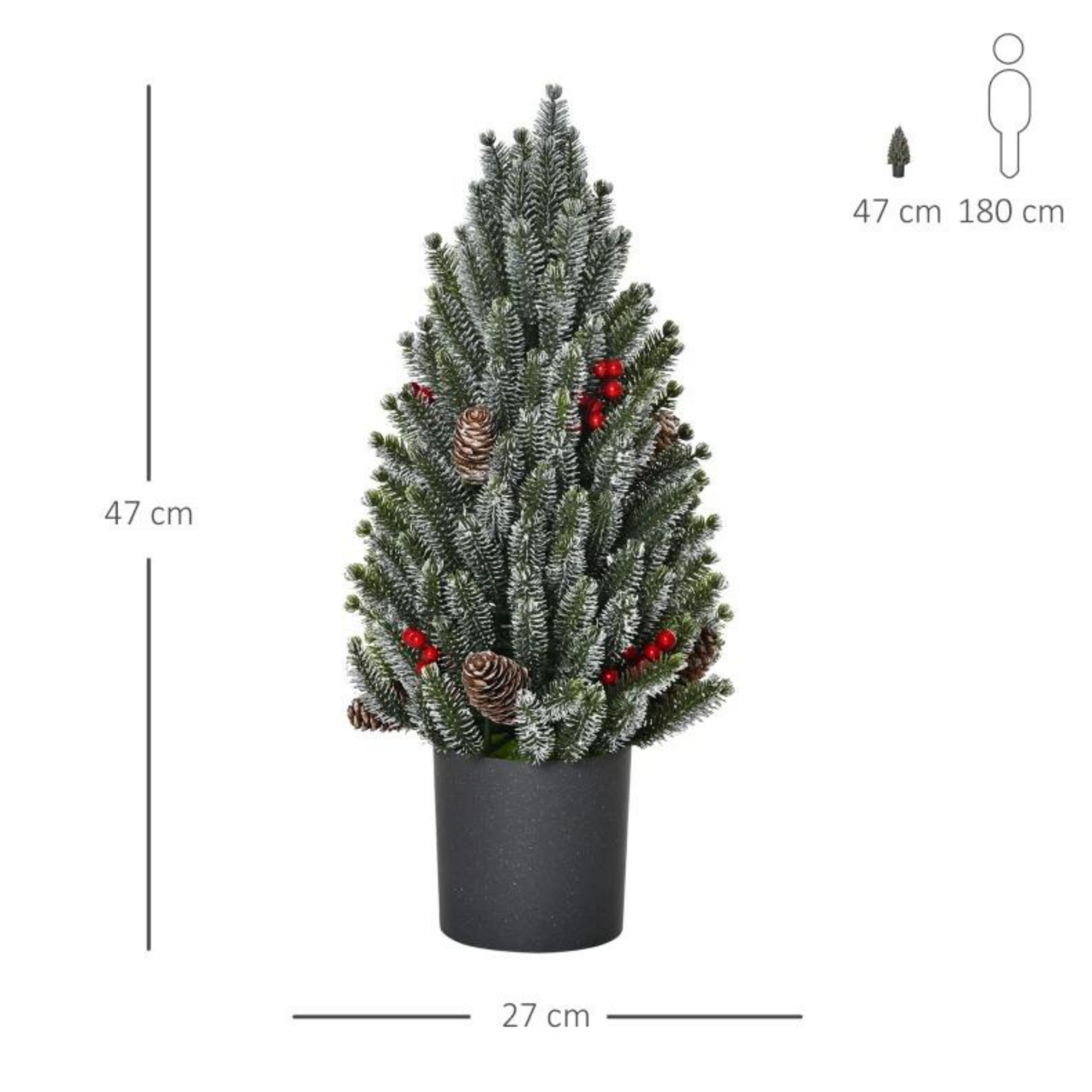 Kunstkerstboom 47 cm – met sneeuw, dennenappels en rode bessen