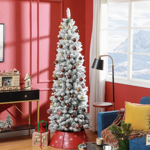 Realistische smalle kunstkerstboom met sneeuw 75x210 cm, 687 takken met decoratie voor sfeervolle kerstversiering