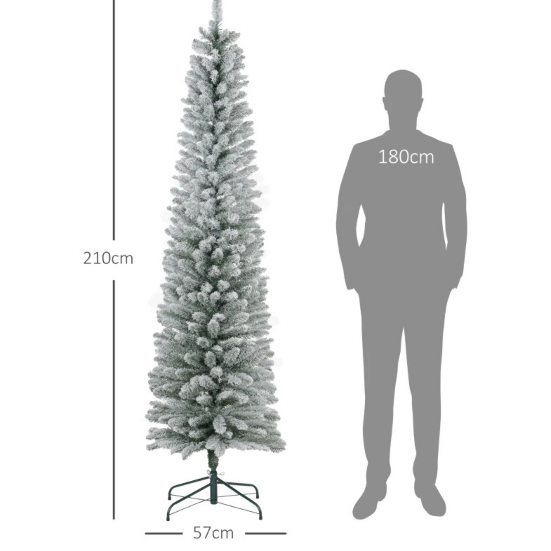 Smalle kunstkerstboom 180 cm – met 150 warmwitte LED's en sneeuwlook