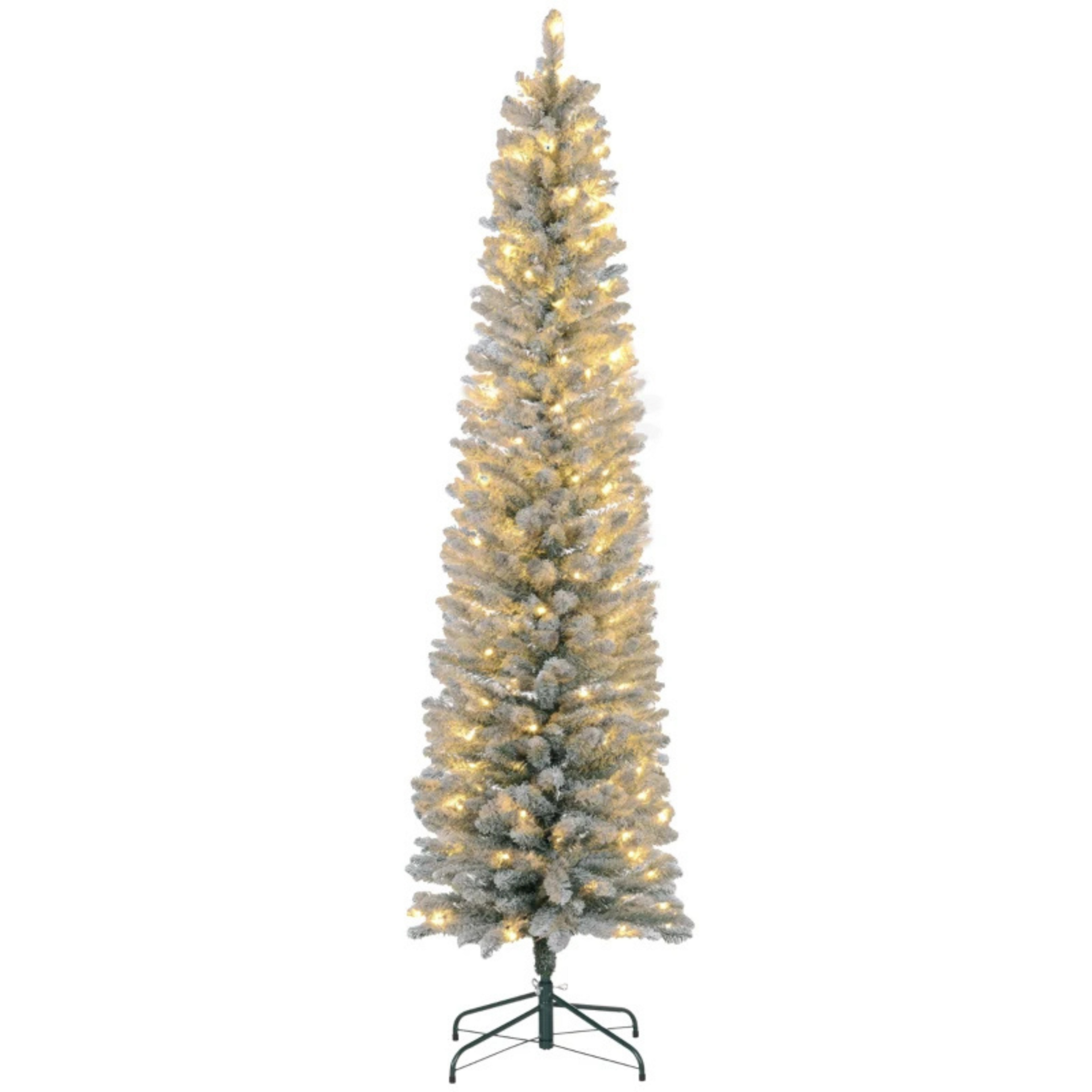 Smalle kunstkerstboom 180 cm – met 150 warmwitte LED's en sneeuwlook