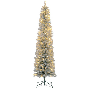 Smalle kunstkerstboom 180 cm met 150 warmwitte LED's en sneeuwlook voor sfeervolle en compacte kerstsfeer in huis