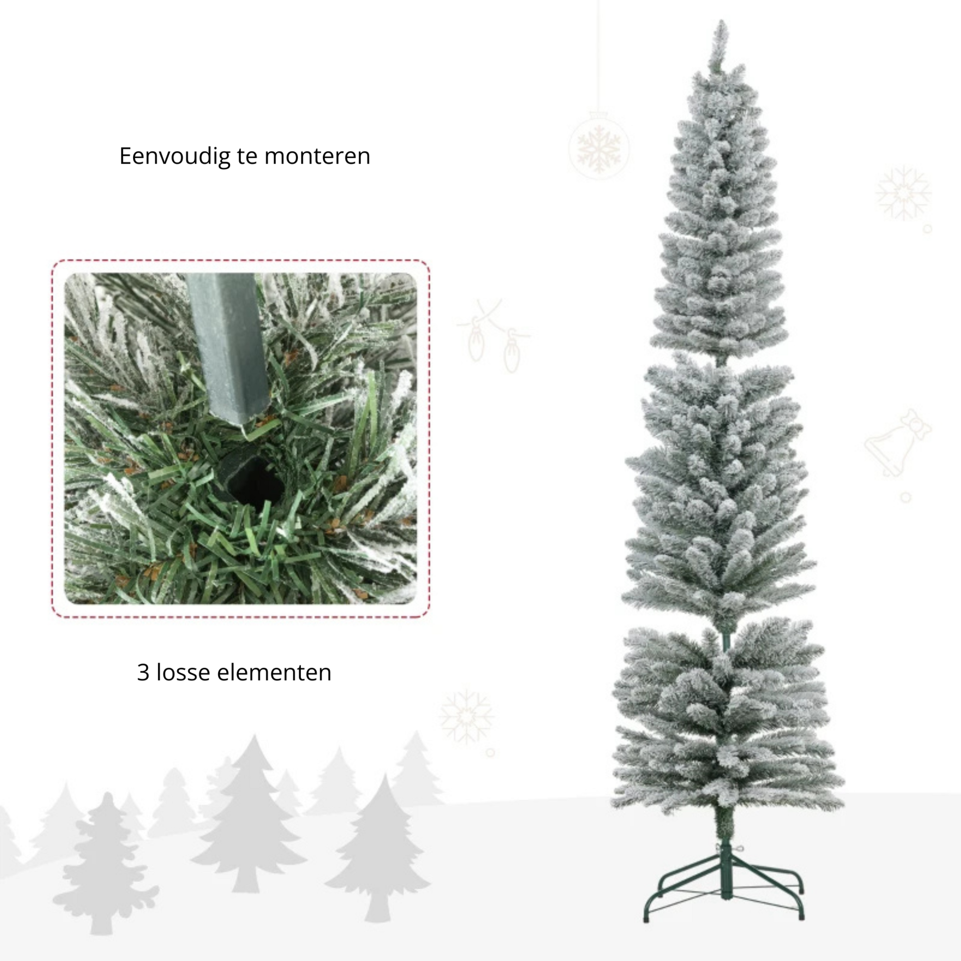 Smalle kunstkerstboom 180 cm – met 150 warmwitte LED's en sneeuwlook