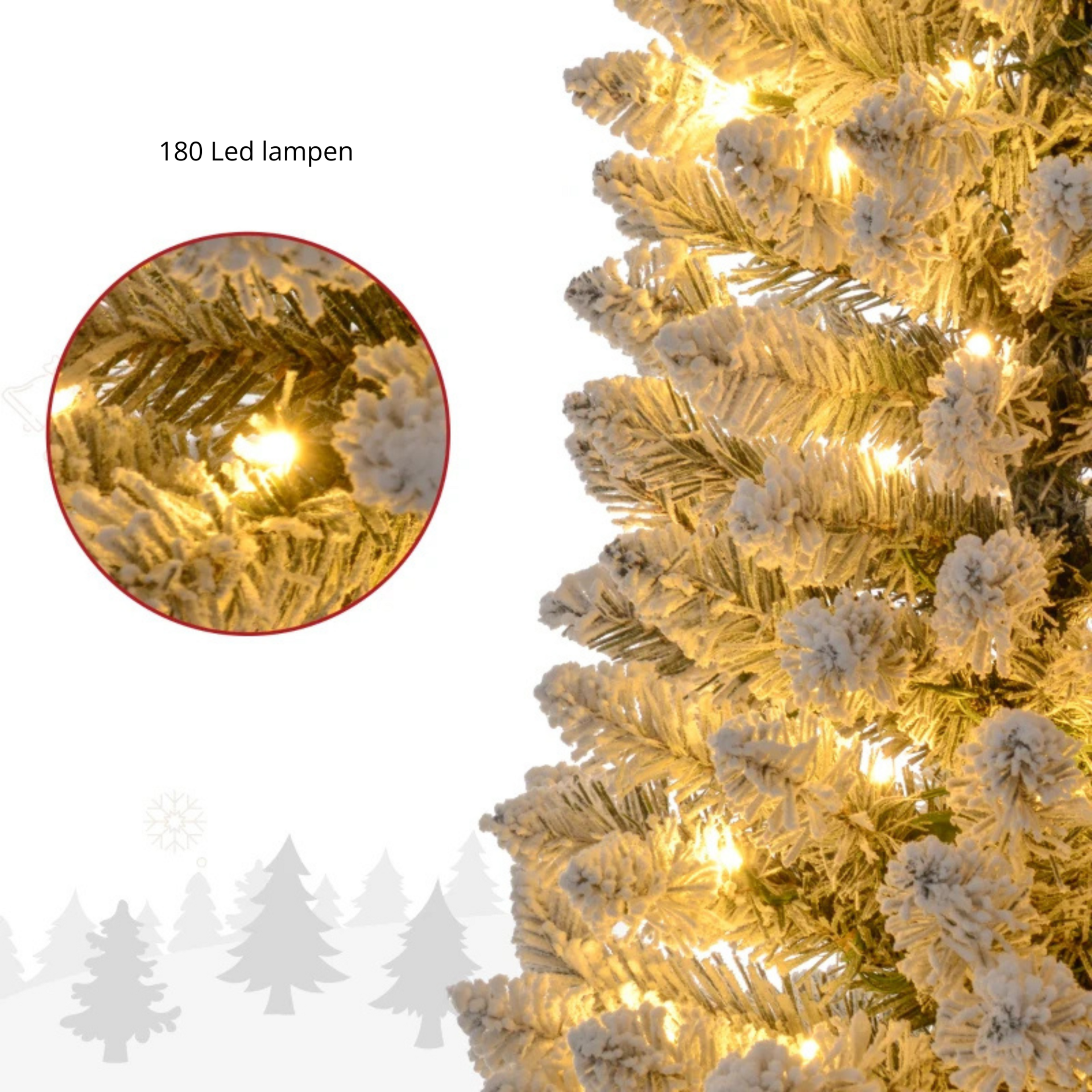 Smalle kunstkerstboom 180 cm – met 150 warmwitte LED's en sneeuwlook